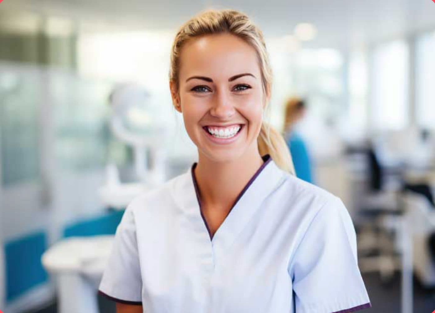 Smiling clinician in a white uniform